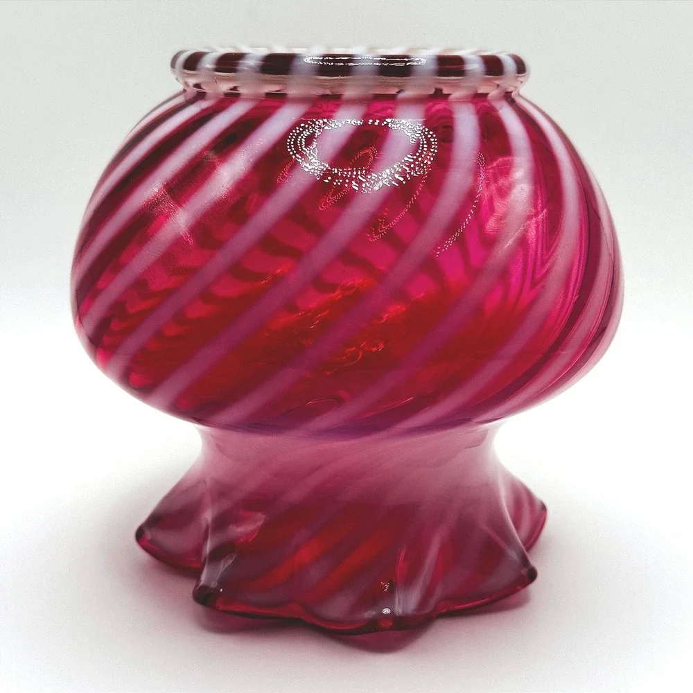 Fenton Vintage Cranberry Opalescent Swirl Art Glass Vase Ruffled Rim Hand Blown